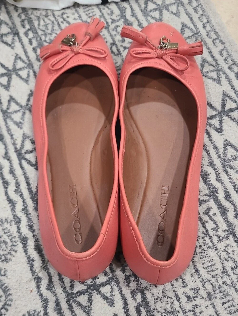 Coach Coral Pink Leather Ballet Flats with Tassel Bow